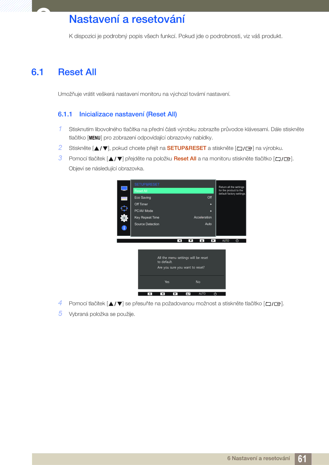 Samsung LS27D390HS/EN, LS22D390QS/EN, LS24D390HL/EN manual Nastavení a resetování, Inicializace nastavení Reset All 