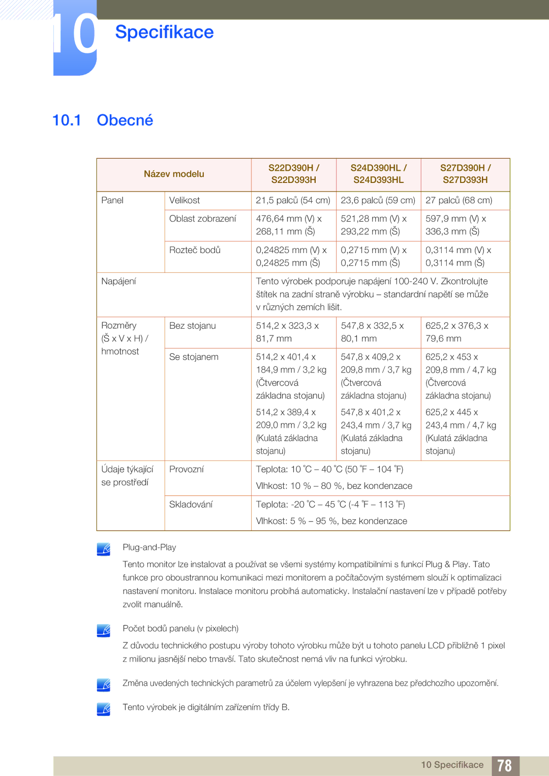 Samsung LS24D390HL/EN, LS22D390QS/EN, LS27D390HS/EN, LS22D390HS/EN manual Specifikace, Obecné 