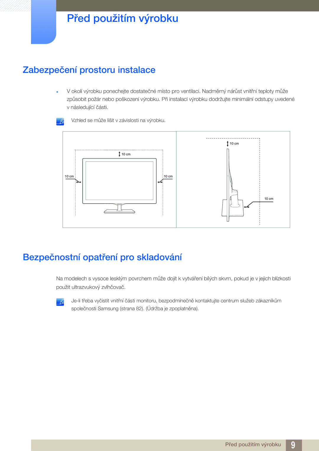 Samsung LS27D390HS/EN, LS22D390QS/EN, LS24D390HL/EN Zabezpečení prostoru instalace, Bezpečnostní opatření pro skladování 