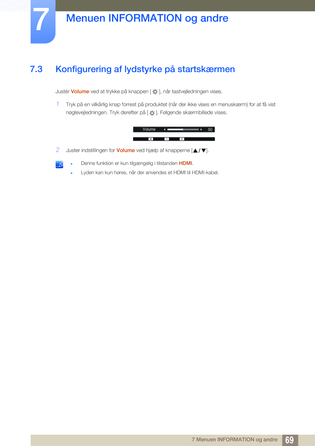 Samsung LS27D390HS/EN, LS22D390QS/EN, LS24D390HL/EN, LS22D390HS/EN manual Konfigurering af lydstyrke på startskærmen 