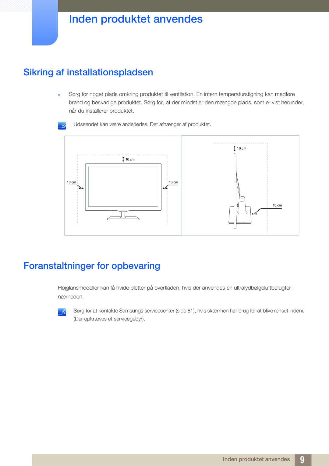 Samsung LS27D390HS/EN, LS22D390QS/EN, LS24D390HL/EN manual Sikring af installationspladsen, Foranstaltninger for opbevaring 