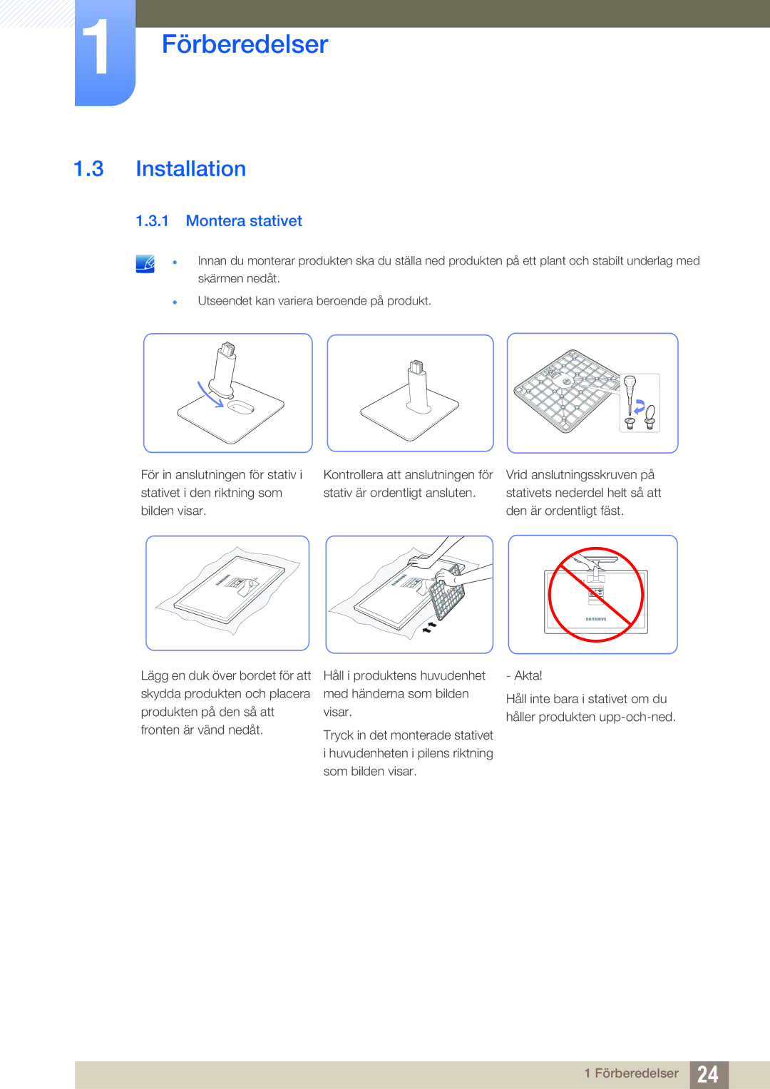 Samsung LS22D390QS/EN, LS27D390HS/EN, LS24D390HL/EN, LS22D390HS/EN manual Installation, Montera stativet 