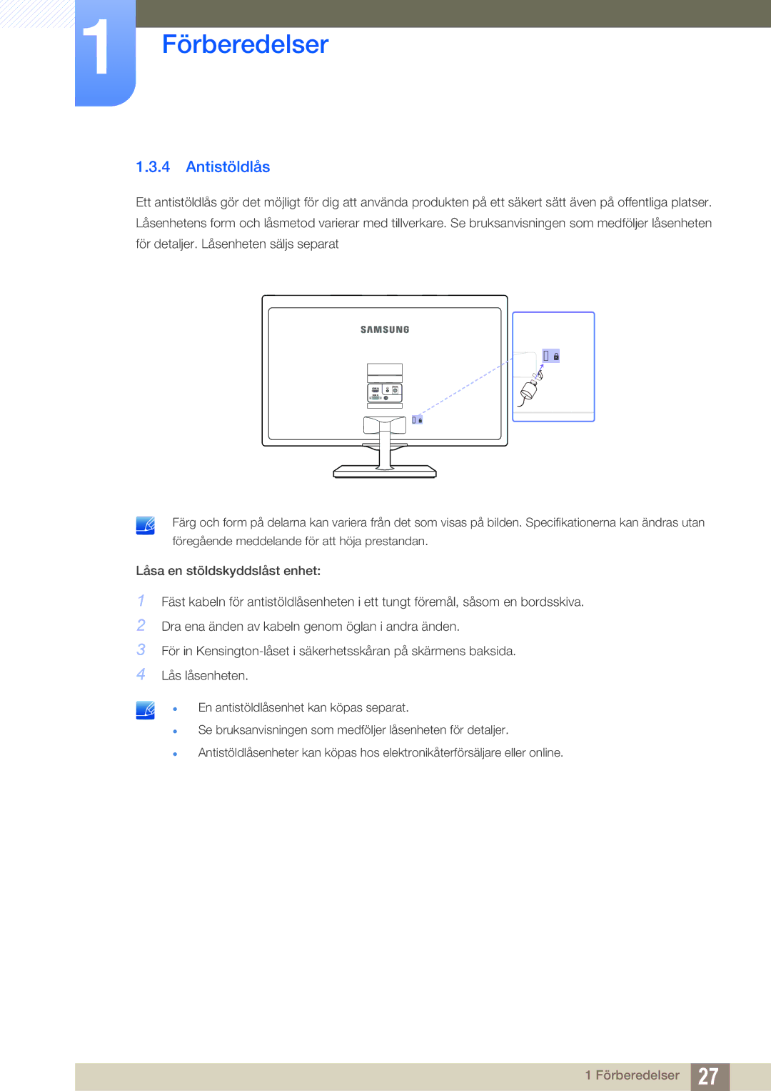 Samsung LS22D390HS/EN, LS22D390QS/EN, LS27D390HS/EN, LS24D390HL/EN manual Antistöldlås 