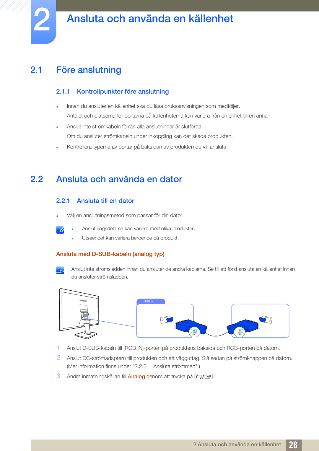 Samsung LS22D390QS/EN, LS27D390HS/EN manual Ansluta och använda en källenhet, Före anslutning, Ansluta och använda en dator 