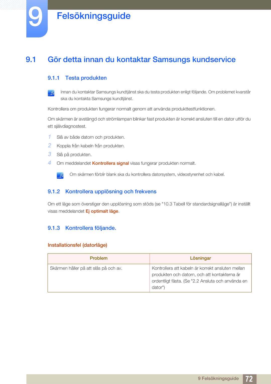 Samsung LS22D390QS/EN, LS27D390HS/EN Felsökningsguide, Gör detta innan du kontaktar Samsungs kundservice, Testa produkten 