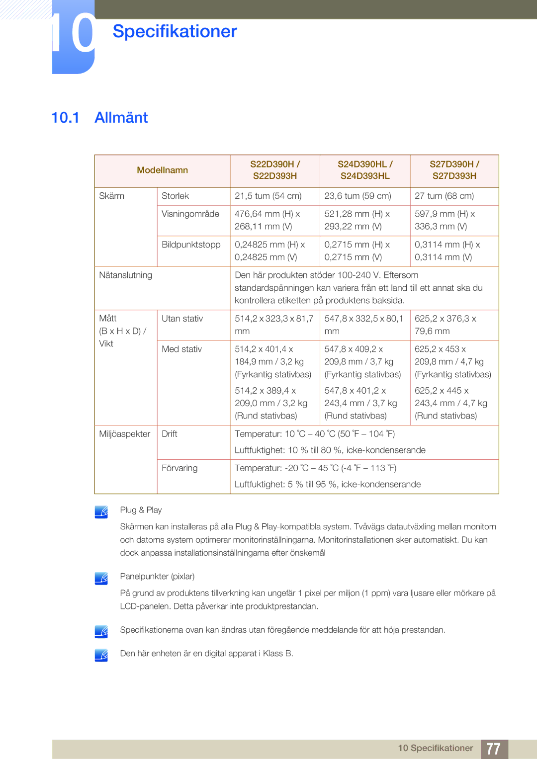 Samsung LS27D390HS/EN, LS22D390QS/EN, LS24D390HL/EN, LS22D390HS/EN manual Specifikationer, Allmänt 