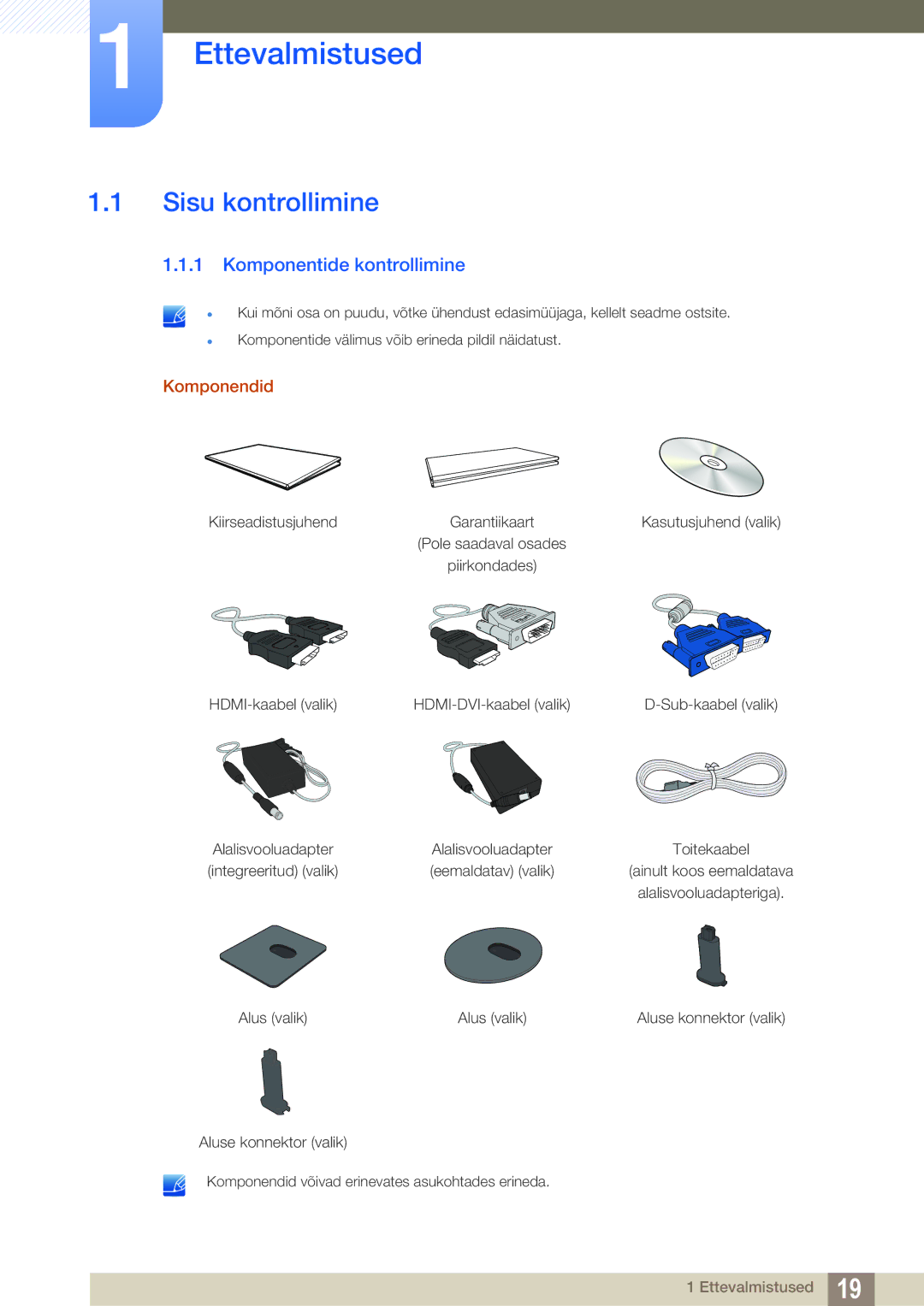 Samsung LS22D390HS/EN, LS22D390QS/EN manual Ettevalmistused, Sisu kontrollimine, Komponentide kontrollimine, Komponendid 