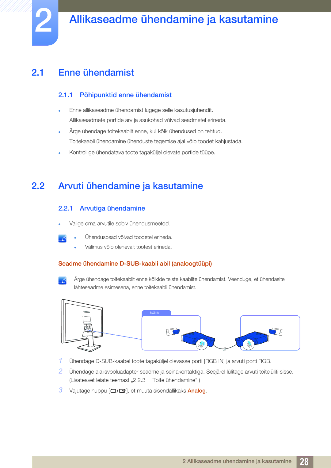 Samsung LS22D390QS/EN manual Allikaseadme ühendamine ja kasutamine, Enne ühendamist, Arvuti ühendamine ja kasutamine 