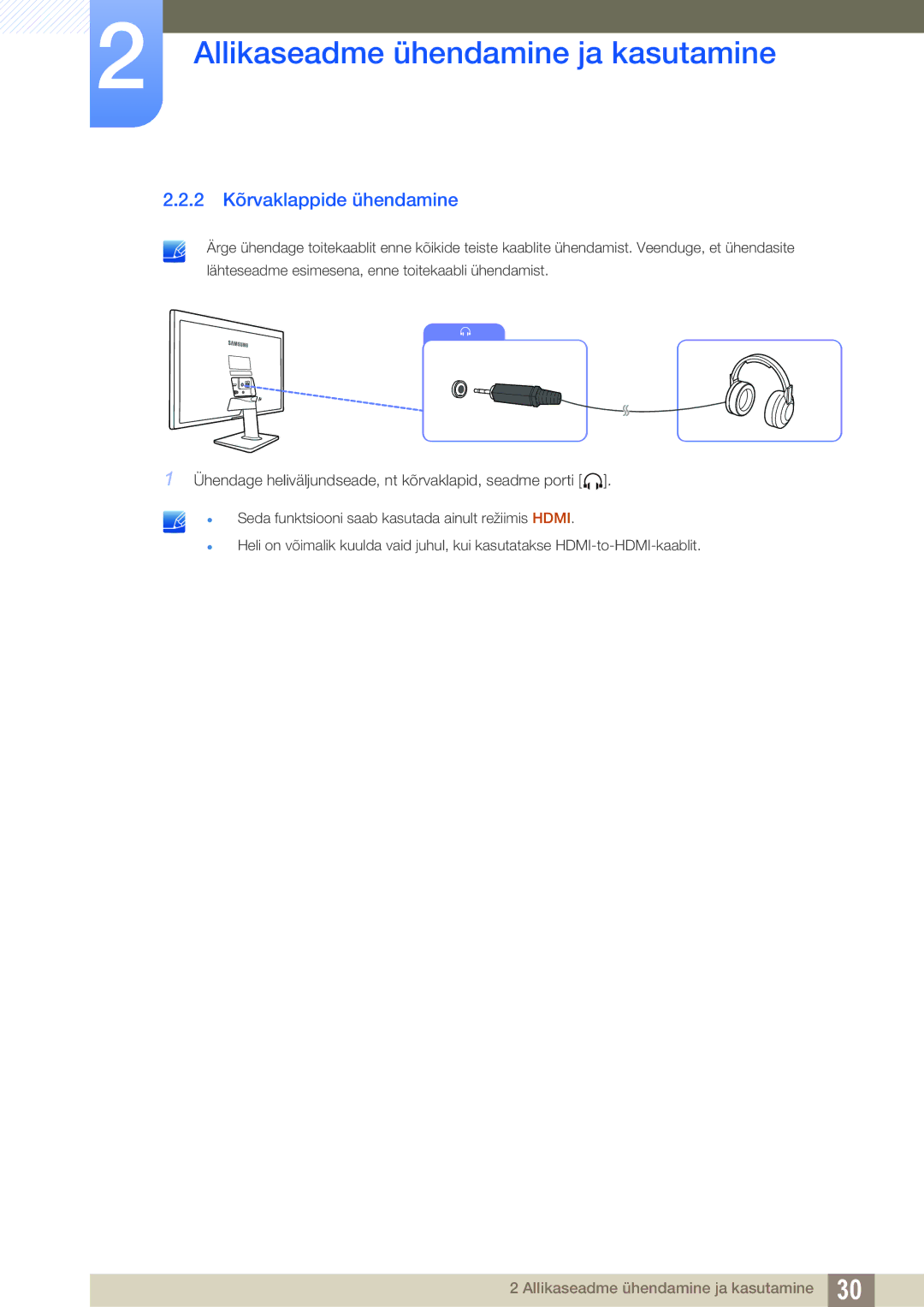 Samsung LS24D390HL/EN, LS22D390QS/EN, LS27D390HS/EN, LS22D390HS/EN manual 2 Kõrvaklappide ühendamine 