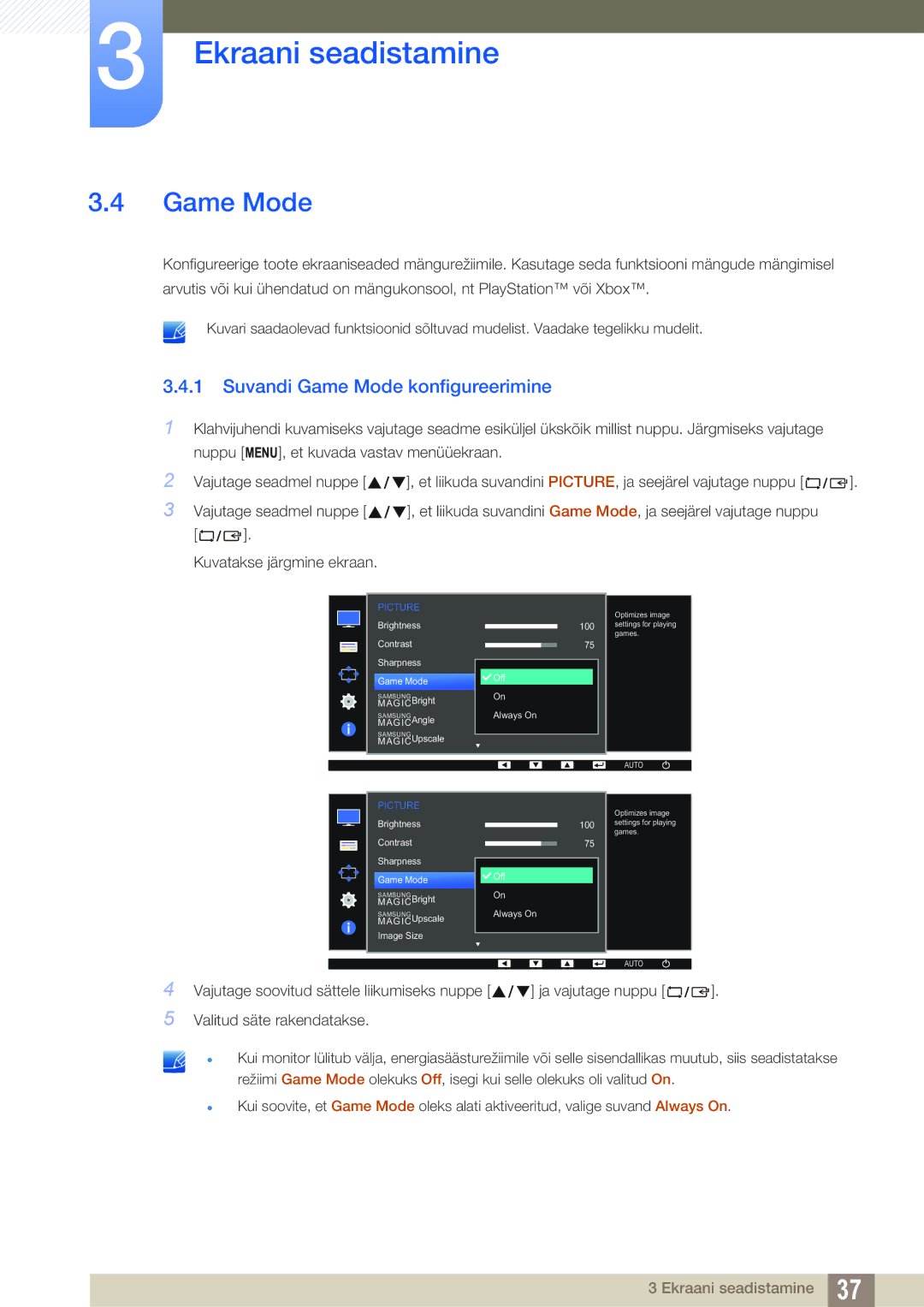 Samsung LS27D390HS/EN, LS22D390QS/EN, LS24D390HL/EN, LS22D390HS/EN manual Suvandi Game Mode konfigureerimine 