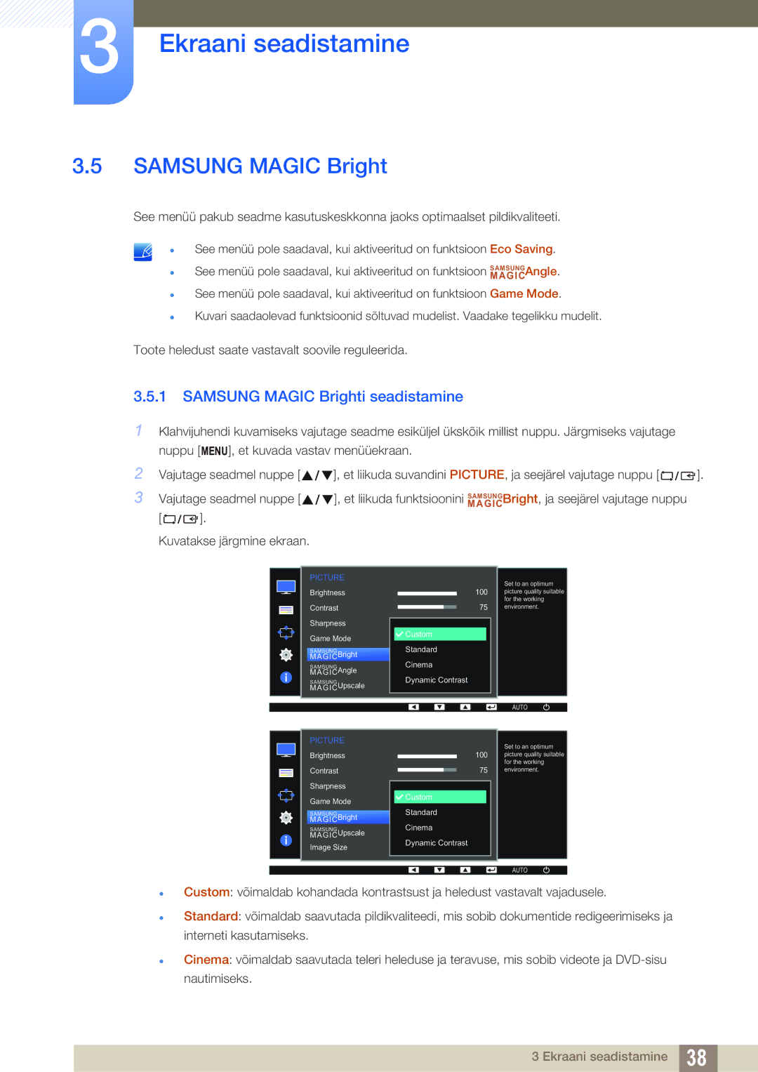 Samsung LS24D390HL/EN, LS22D390QS/EN, LS27D390HS/EN, LS22D390HS/EN manual Samsung Magic Brighti seadistamine 