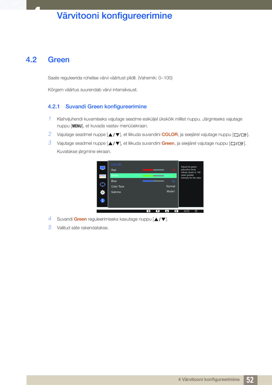 Samsung LS22D390QS/EN, LS27D390HS/EN, LS24D390HL/EN, LS22D390HS/EN manual Suvandi Green konfigureerimine 