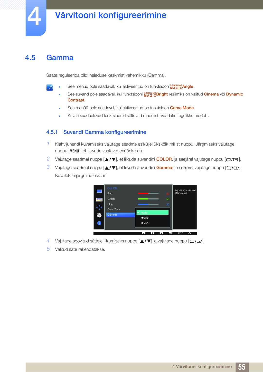 Samsung LS22D390HS/EN, LS22D390QS/EN, LS27D390HS/EN, LS24D390HL/EN manual Suvandi Gamma konfigureerimine 