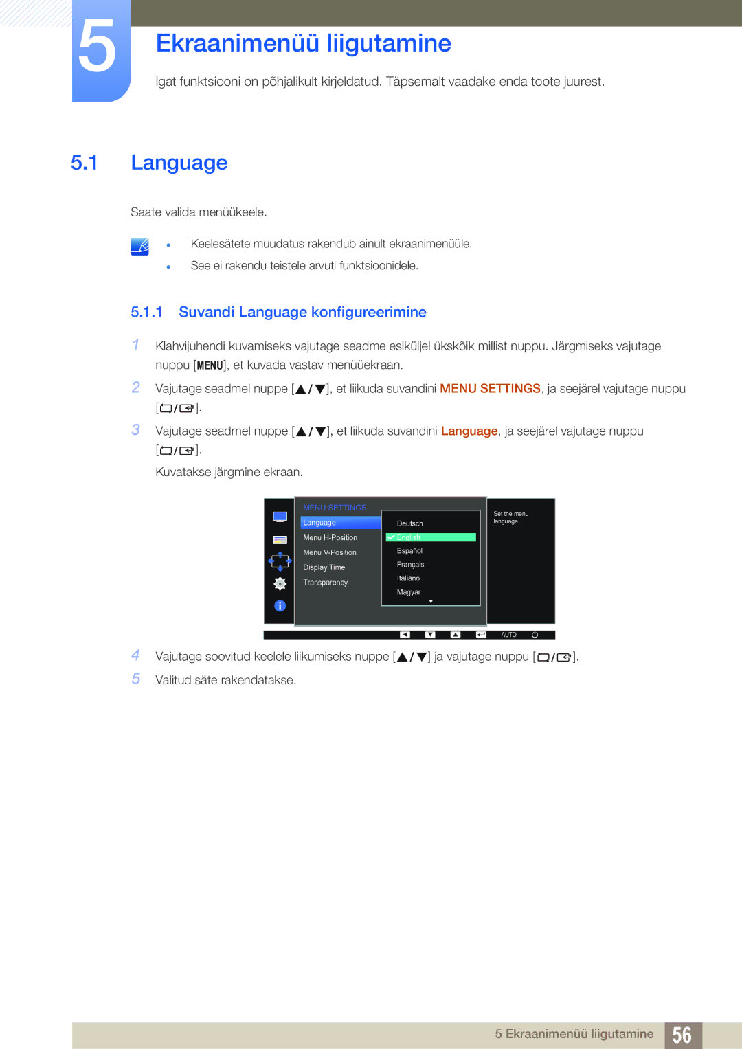 Samsung LS22D390QS/EN, LS27D390HS/EN, LS24D390HL/EN manual Ekraanimenüü liigutamine, Suvandi Language konfigureerimine 