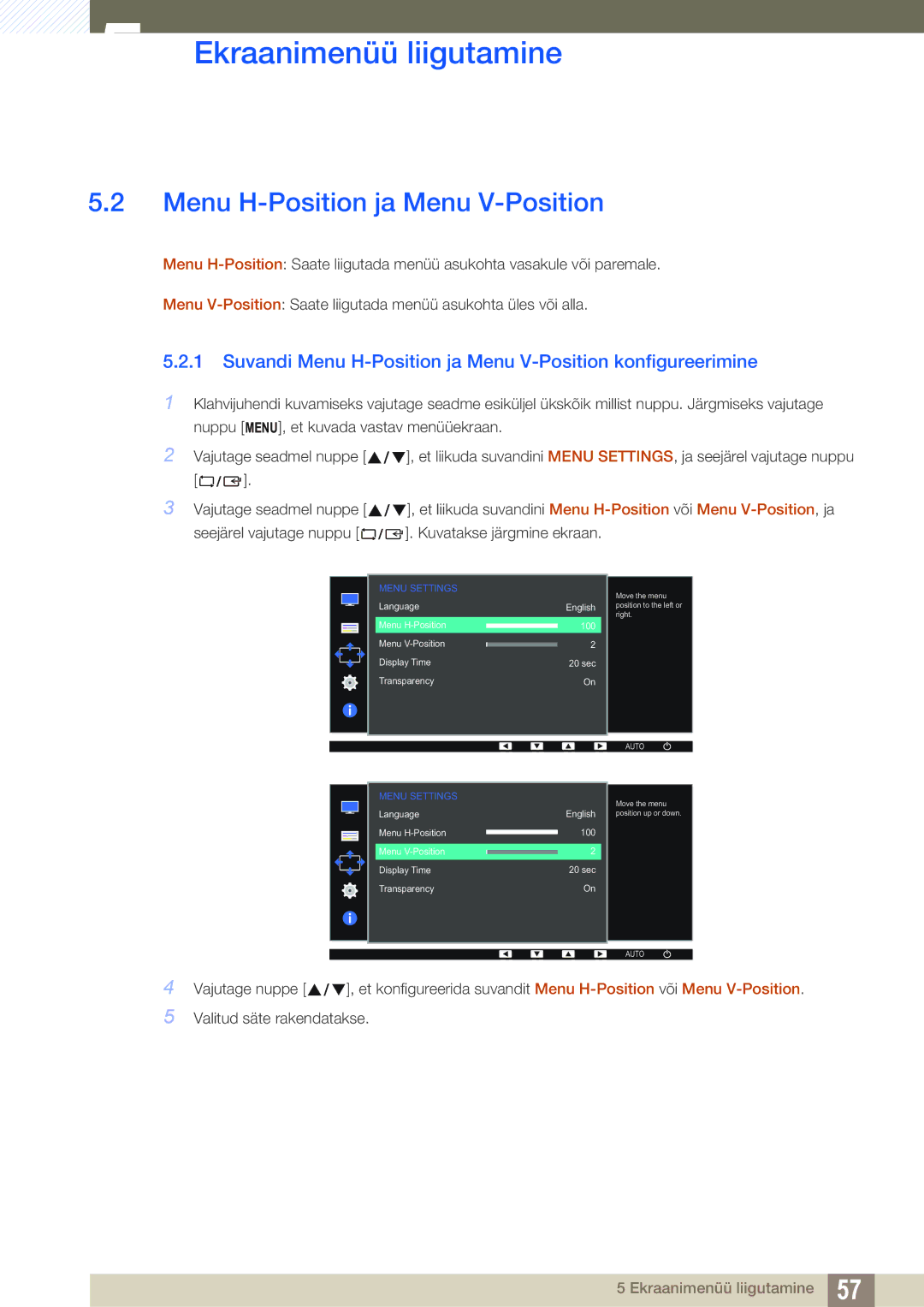 Samsung LS27D390HS/EN, LS22D390QS/EN, LS24D390HL/EN manual Suvandi Menu H-Position ja Menu V-Position konfigureerimine 