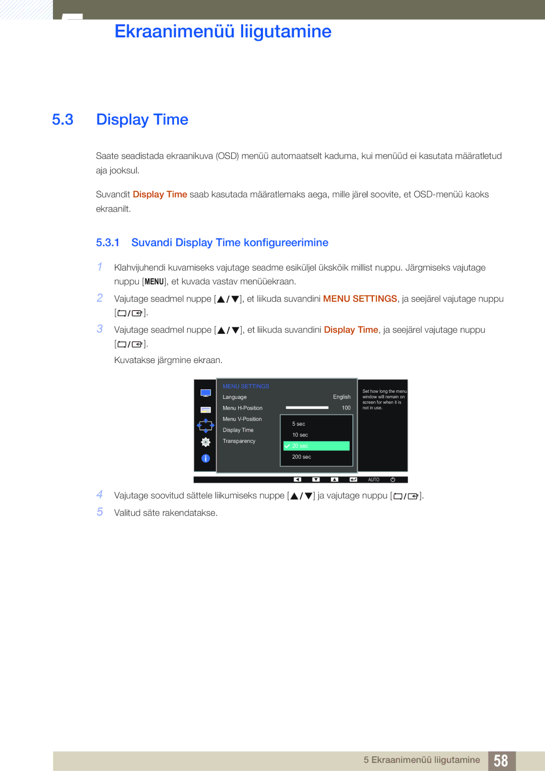 Samsung LS24D390HL/EN, LS22D390QS/EN, LS27D390HS/EN, LS22D390HS/EN manual Suvandi Display Time konfigureerimine 