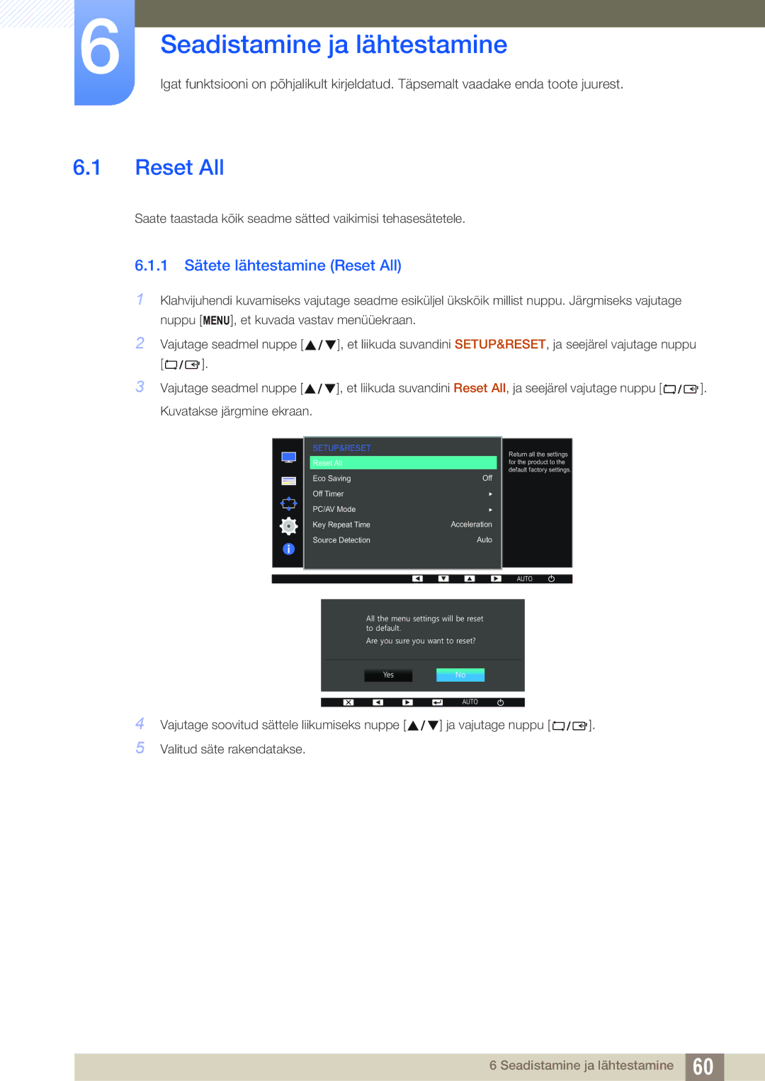 Samsung LS22D390QS/EN, LS27D390HS/EN, LS24D390HL/EN manual Seadistamine ja lähtestamine, 1 Sätete lähtestamine Reset All 