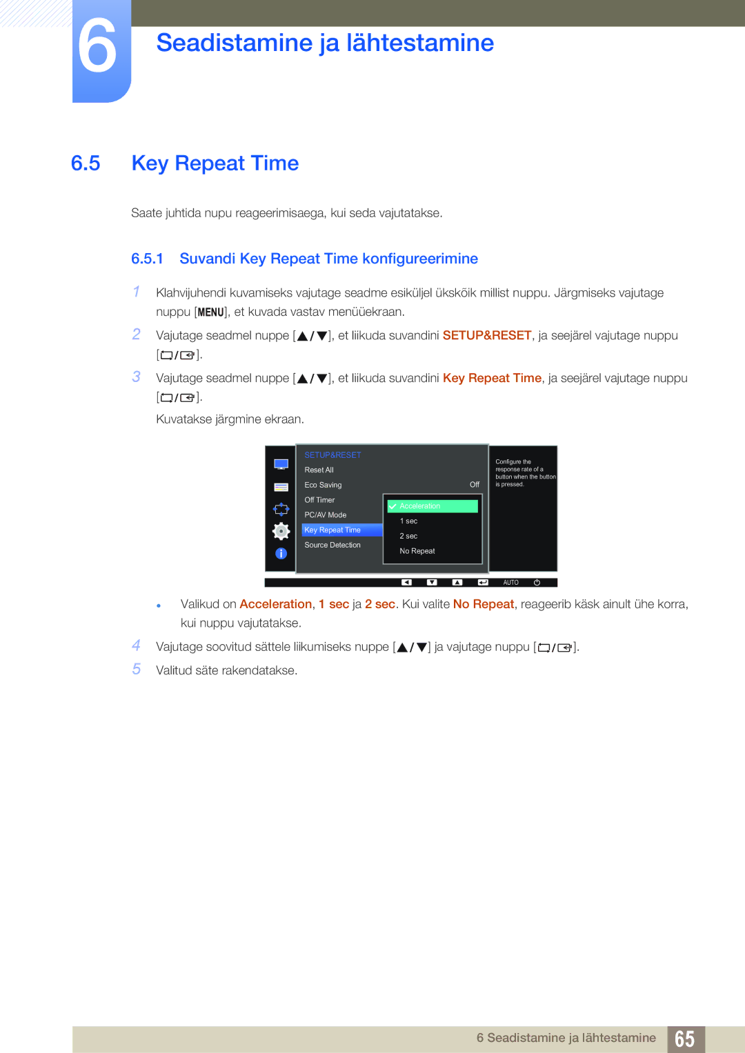 Samsung LS27D390HS/EN, LS22D390QS/EN, LS24D390HL/EN, LS22D390HS/EN manual Suvandi Key Repeat Time konfigureerimine 