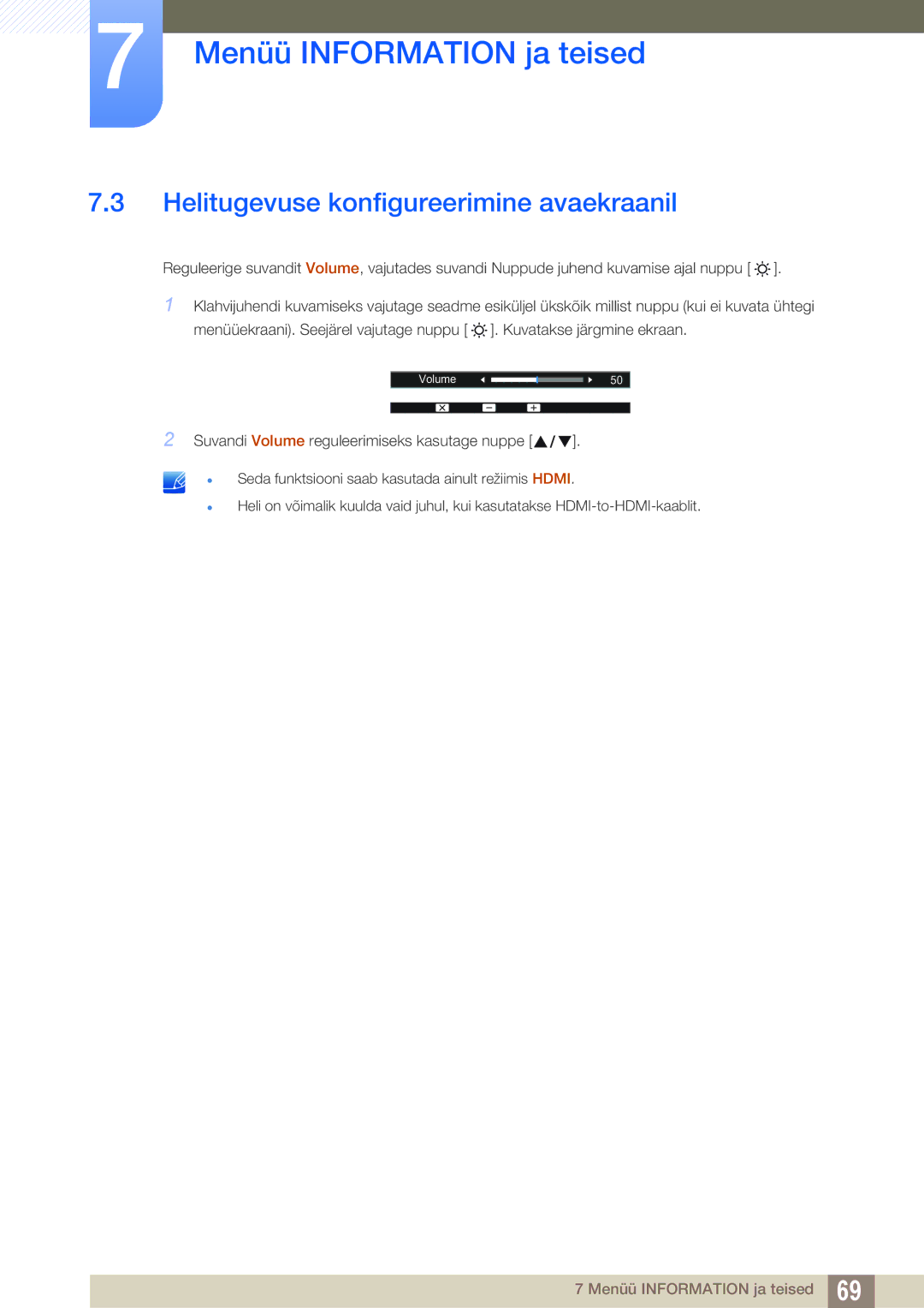 Samsung LS27D390HS/EN, LS22D390QS/EN, LS24D390HL/EN, LS22D390HS/EN manual Helitugevuse konfigureerimine avaekraanil 