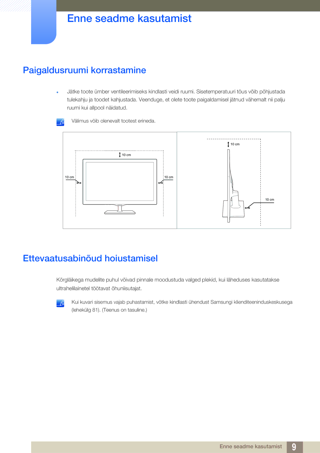 Samsung LS27D390HS/EN, LS22D390QS/EN, LS24D390HL/EN manual Paigaldusruumi korrastamine, Ettevaatusabinõud hoiustamisel 