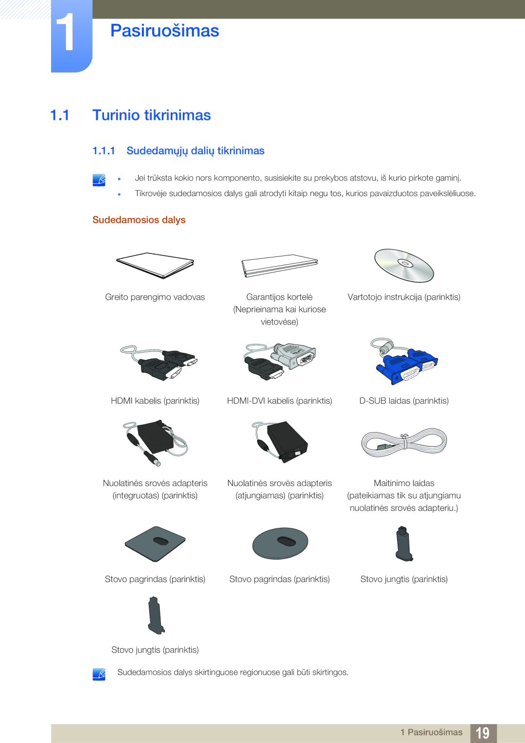 Samsung LS22D390HS/EN, LS22D390QS/EN Pasiruošimas, Turinio tikrinimas, Sudedamųjų dalių tikrinimas, Sudedamosios dalys 