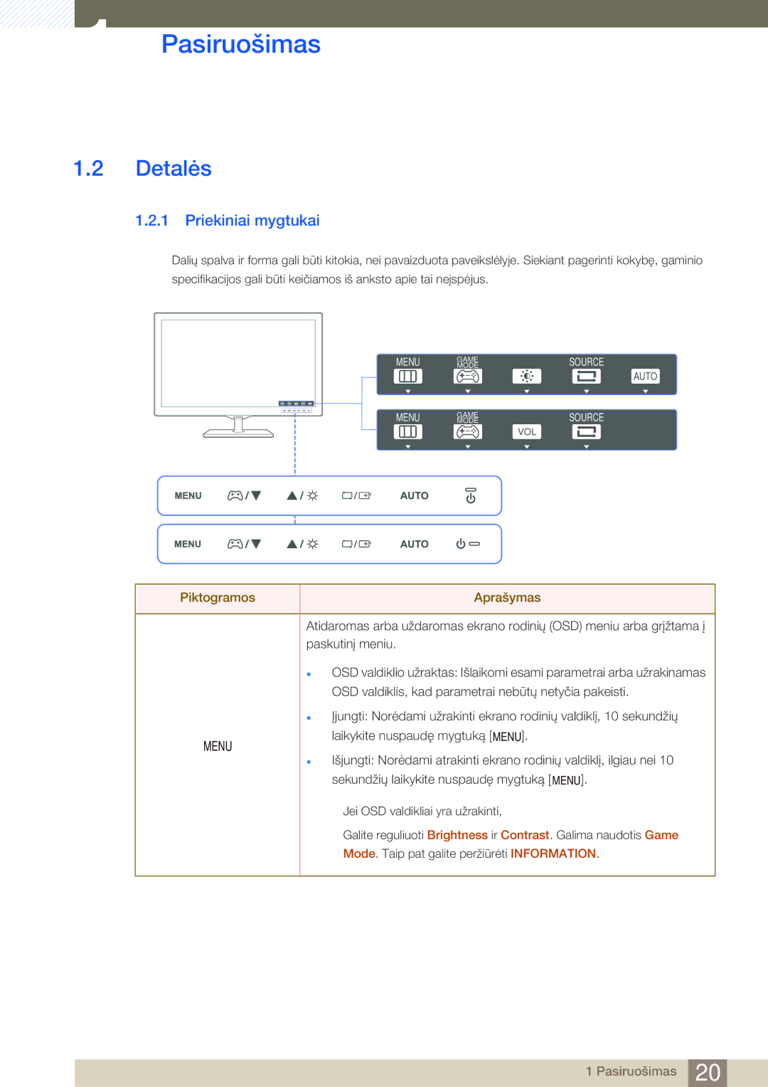 Samsung LS22D390QS/EN, LS27D390HS/EN, LS24D390HL/EN, LS22D390HS/EN manual Detalės, Priekiniai mygtukai 