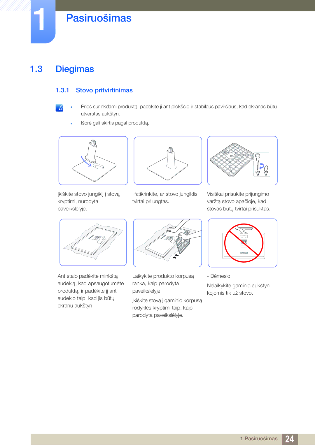 Samsung LS22D390QS/EN, LS27D390HS/EN, LS24D390HL/EN, LS22D390HS/EN manual Diegimas, Stovo pritvirtinimas 