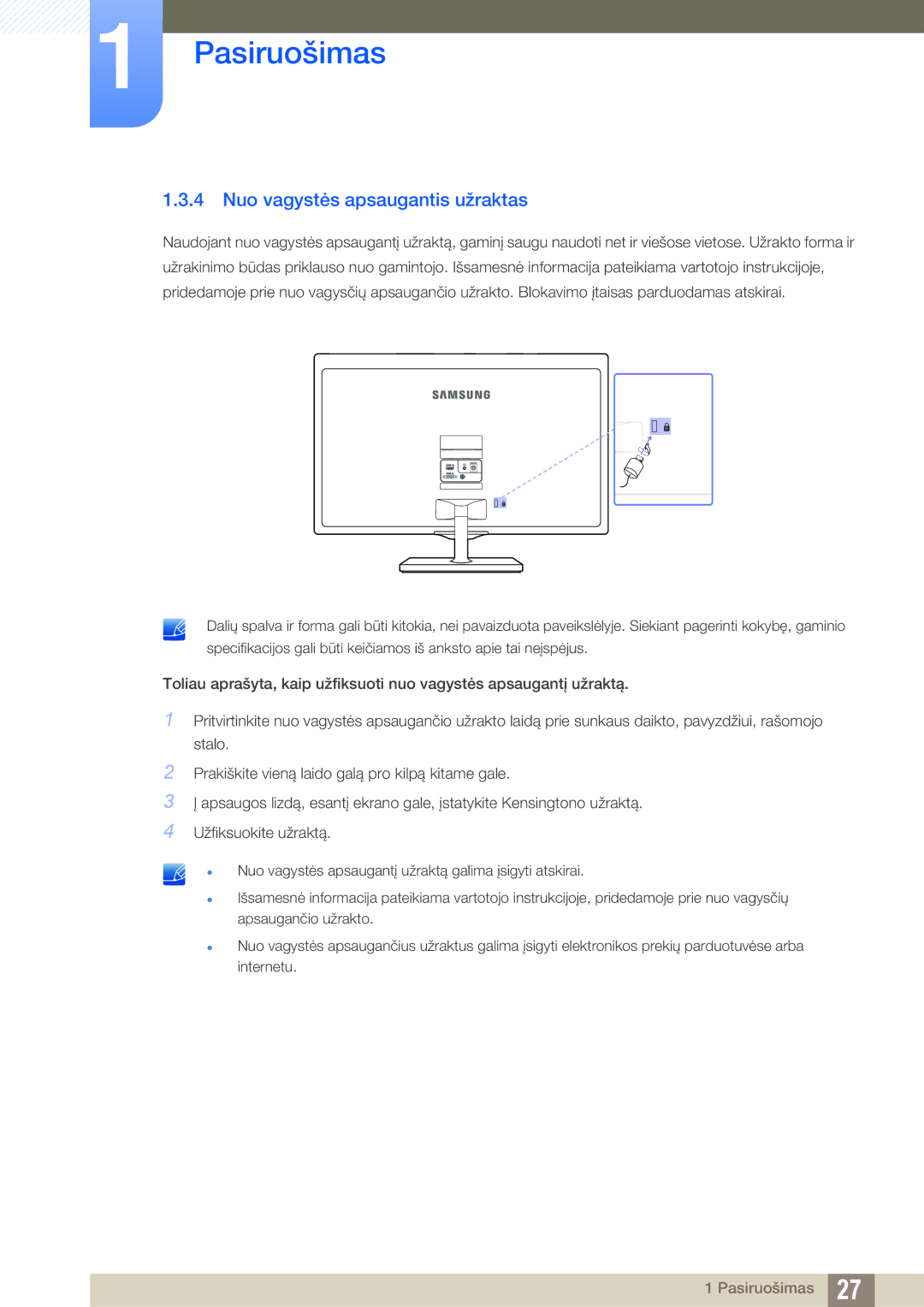 Samsung LS22D390HS/EN, LS22D390QS/EN, LS27D390HS/EN, LS24D390HL/EN manual Nuo vagystės apsaugantis užraktas 