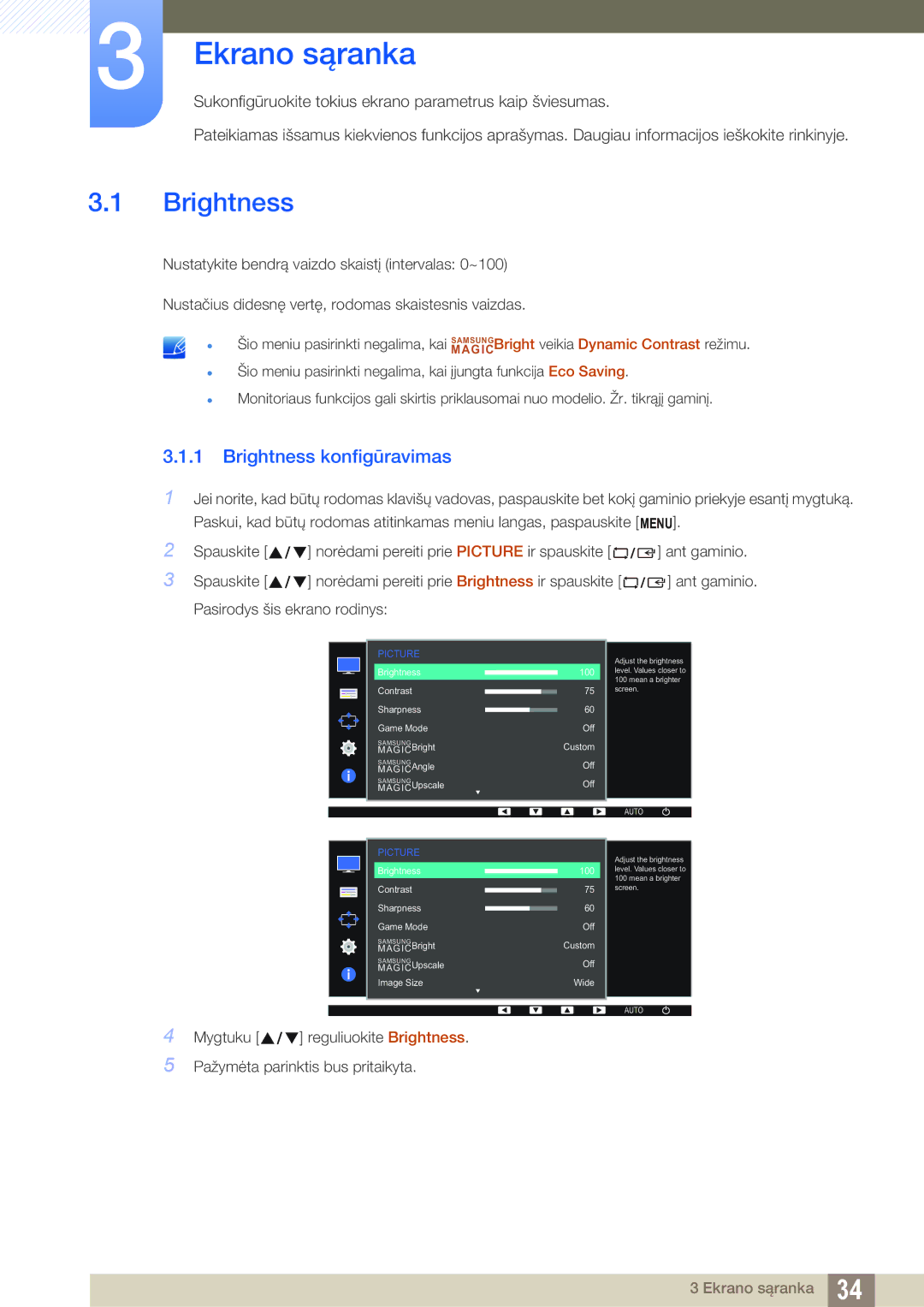 Samsung LS24D390HL/EN, LS22D390QS/EN manual Ekrano sąranka, Brightness konfigūravimas, Pasirodys šis ekrano rodinys 