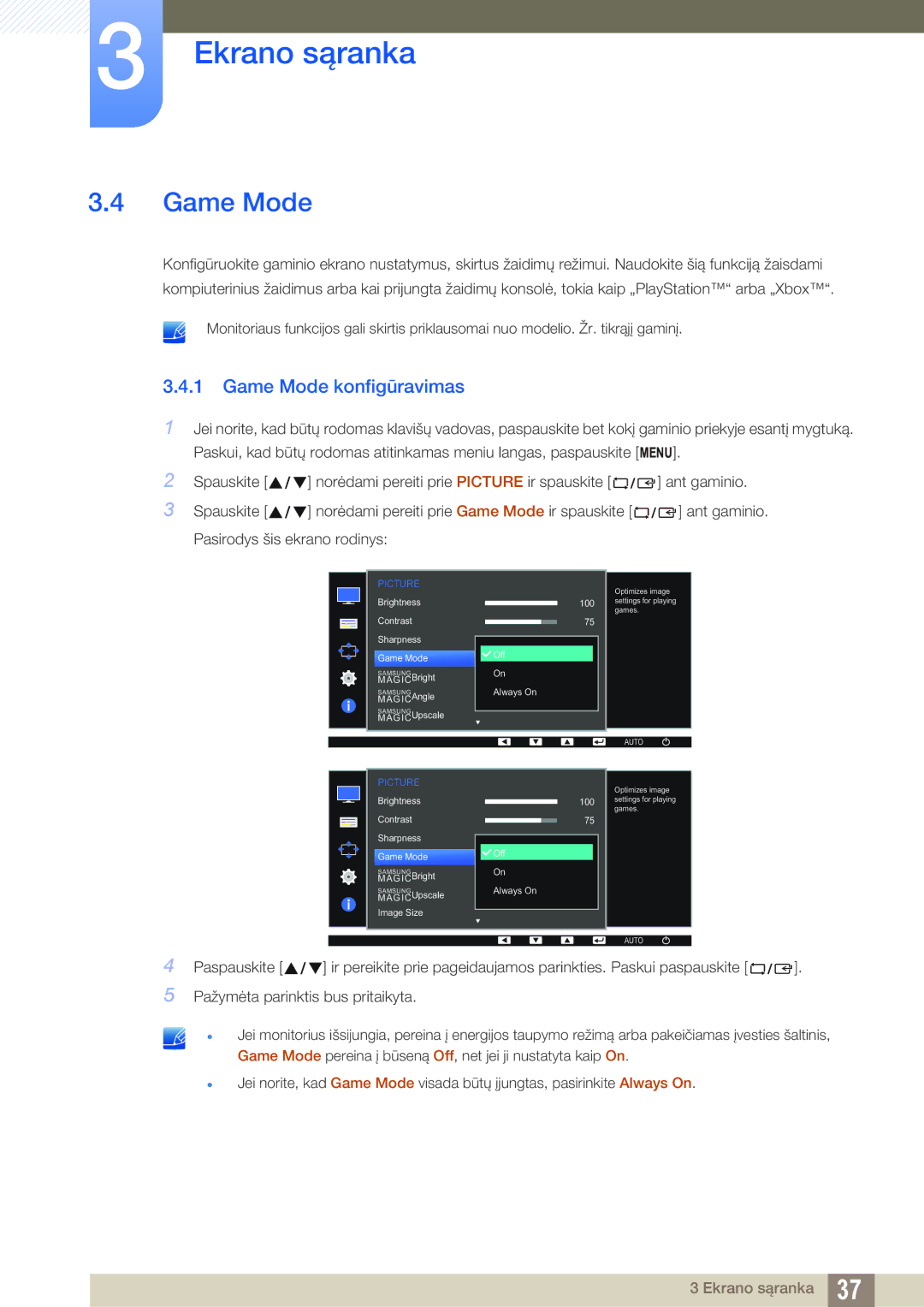 Samsung LS27D390HS/EN, LS22D390QS/EN, LS24D390HL/EN, LS22D390HS/EN manual Game Mode konfigūravimas 