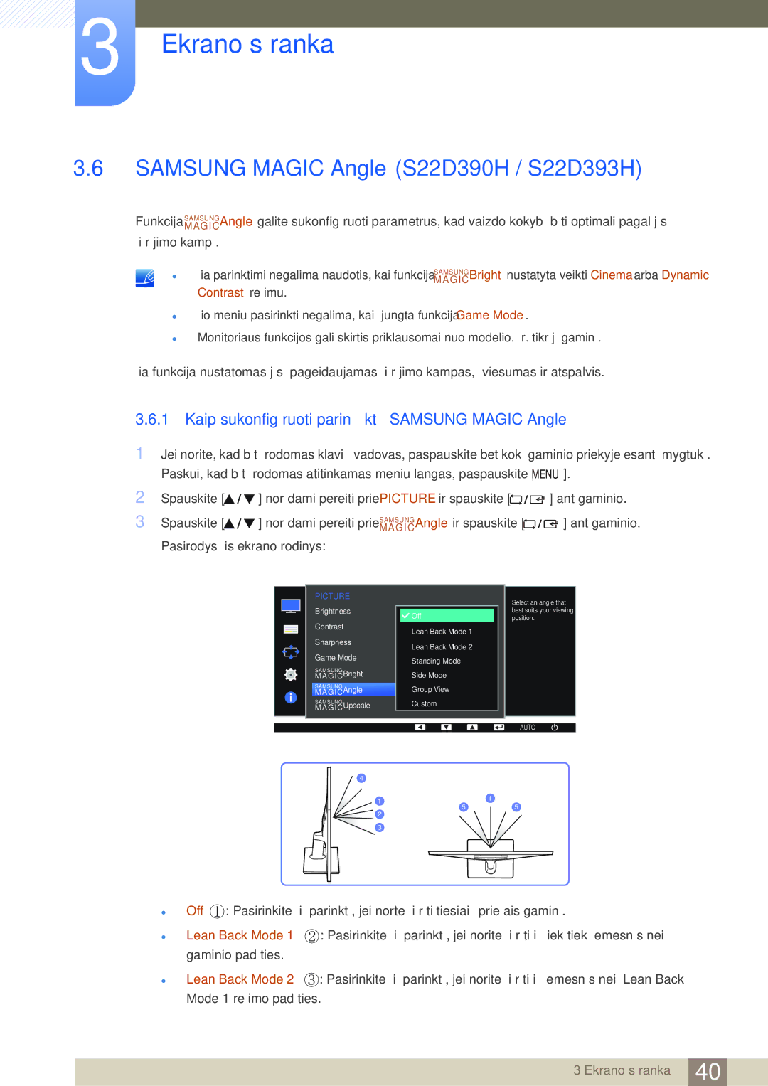 Samsung LS22D390QS/EN manual Samsung Magic Angle S22D390H / S22D393H, Kaip sukonfigūruoti parinktį „SAMSUNG Magic Angle 