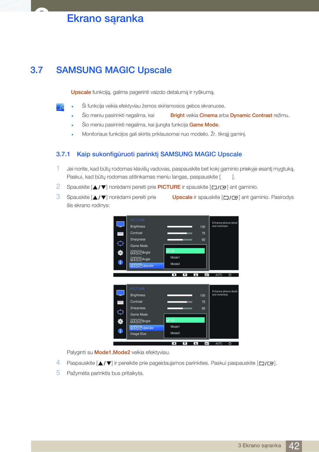 Samsung LS24D390HL/EN, LS22D390QS/EN manual Kaip sukonfigūruoti parinktį Samsung Magic Upscale, Šis ekrano rodinys 