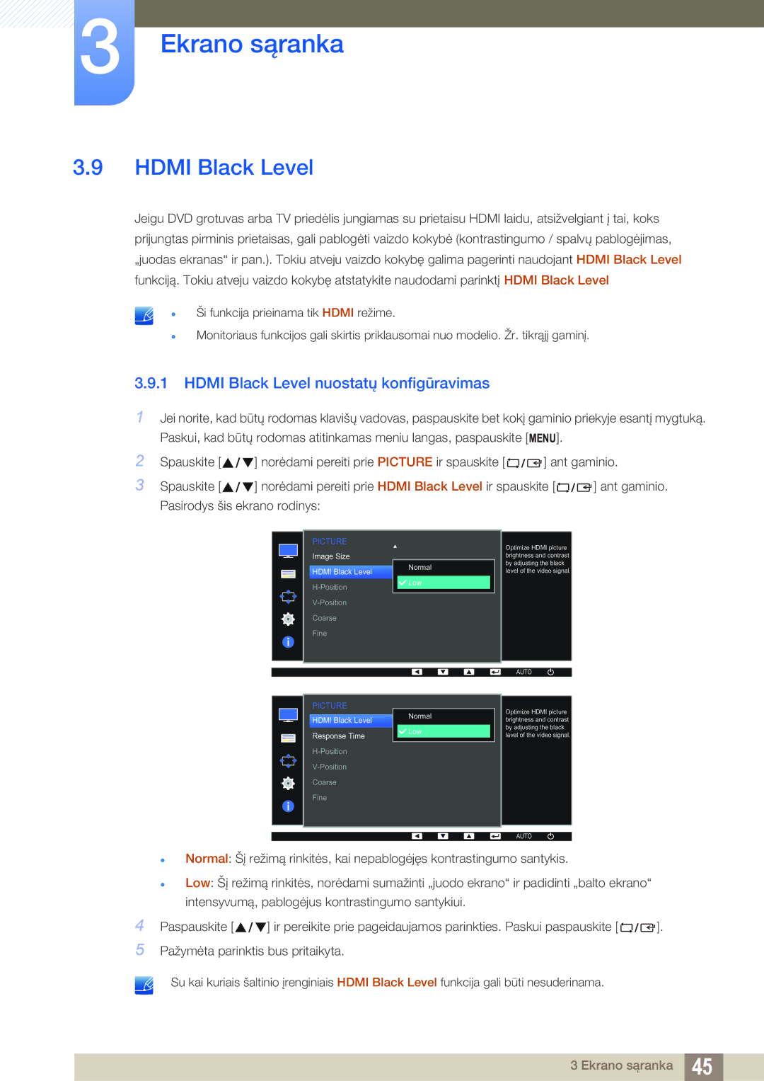 Samsung LS27D390HS/EN, LS22D390QS/EN, LS24D390HL/EN, LS22D390HS/EN manual Hdmi Black Level nuostatų konfigūravimas 