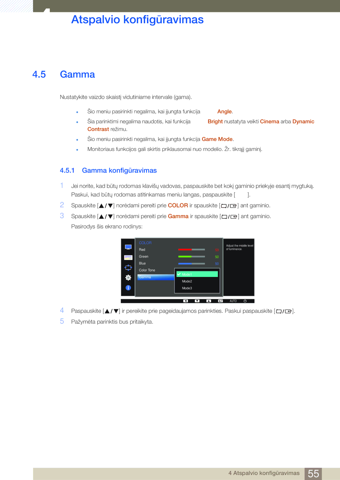 Samsung LS22D390HS/EN, LS22D390QS/EN, LS27D390HS/EN, LS24D390HL/EN manual Gamma konfigūravimas 