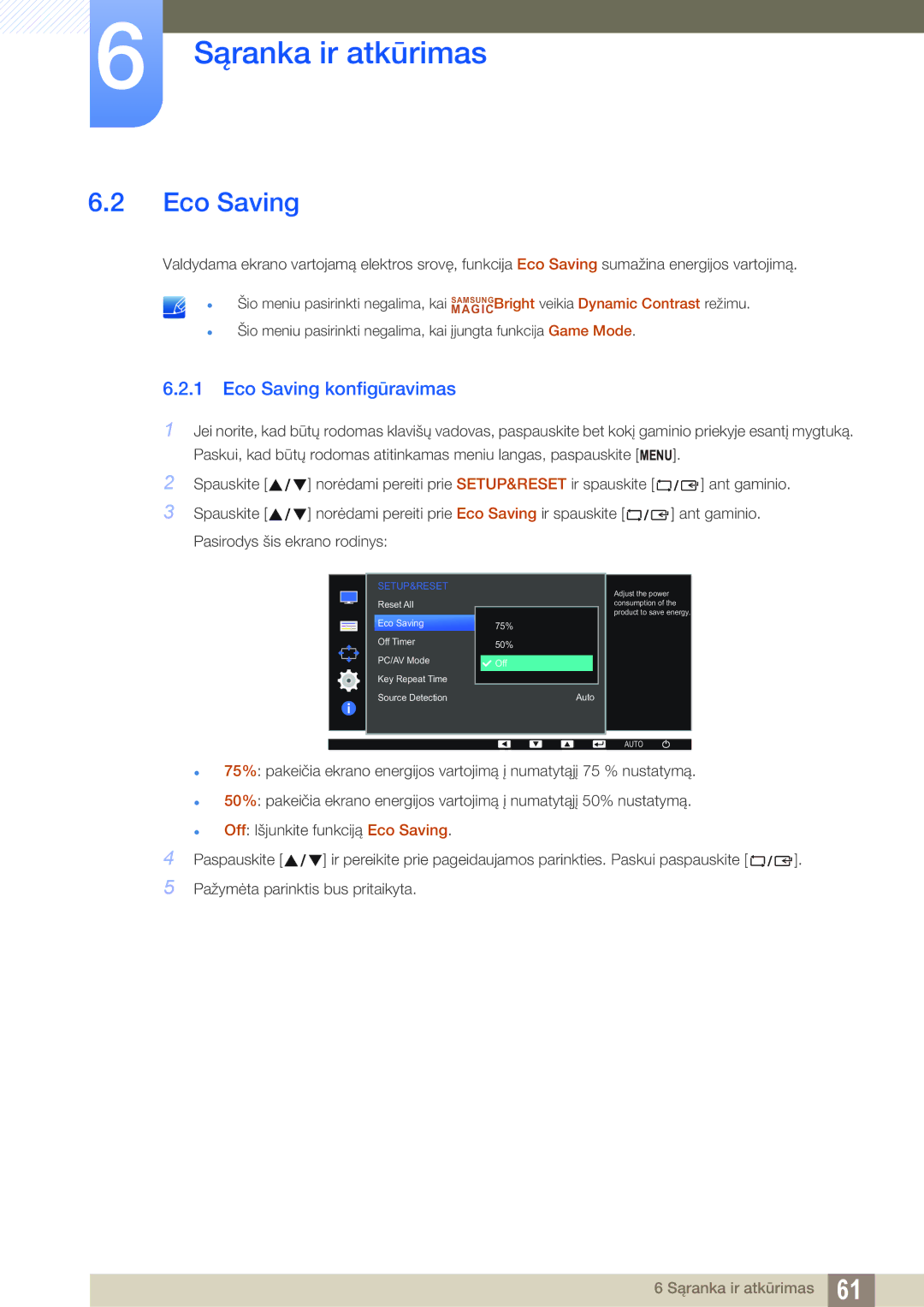 Samsung LS27D390HS/EN, LS22D390QS/EN, LS24D390HL/EN, LS22D390HS/EN manual Eco Saving konfigūravimas 