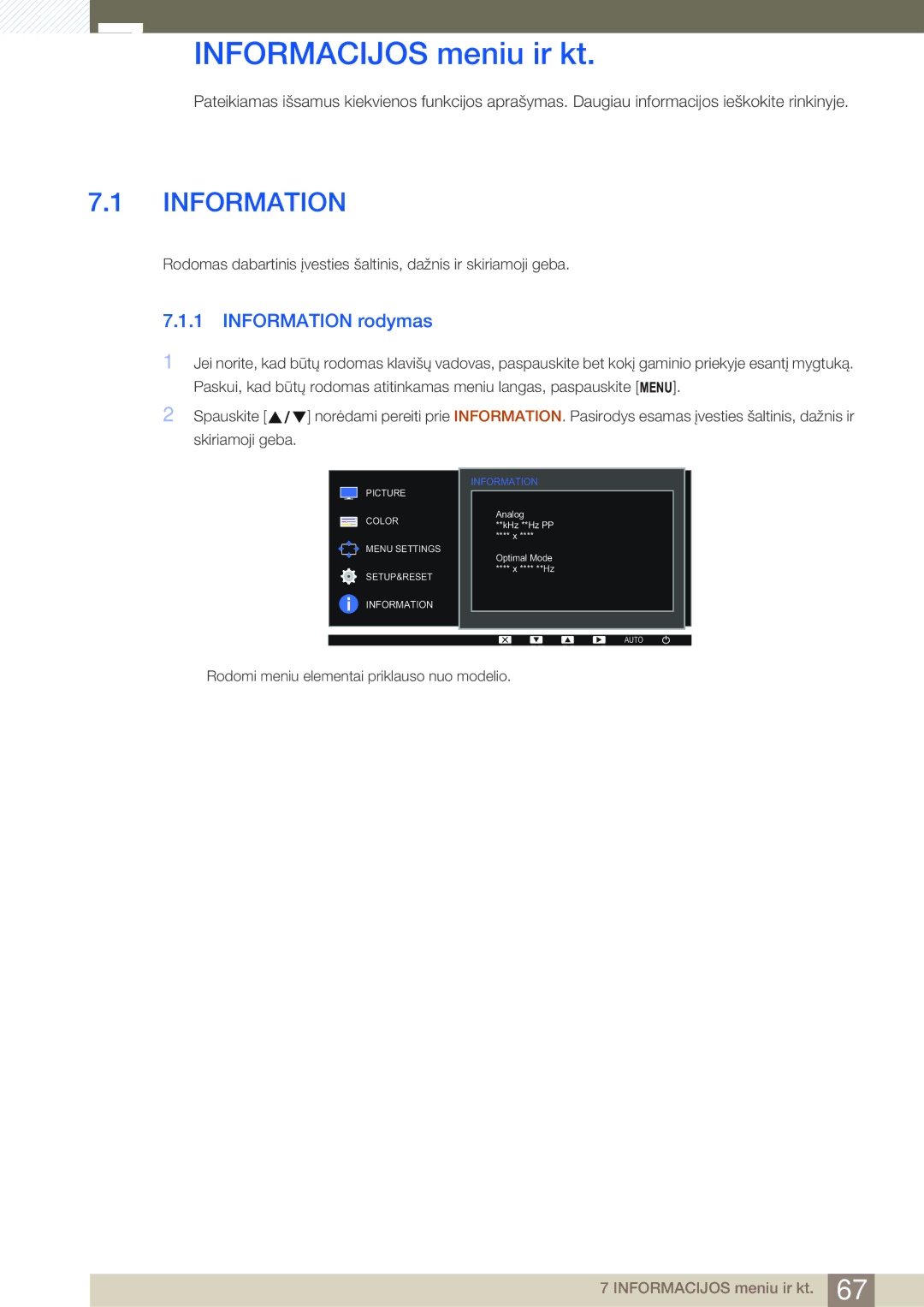 Samsung LS22D390HS/EN, LS22D390QS/EN, LS27D390HS/EN manual Informacijos meniu ir kt, Information rodymas, Skiriamoji geba 