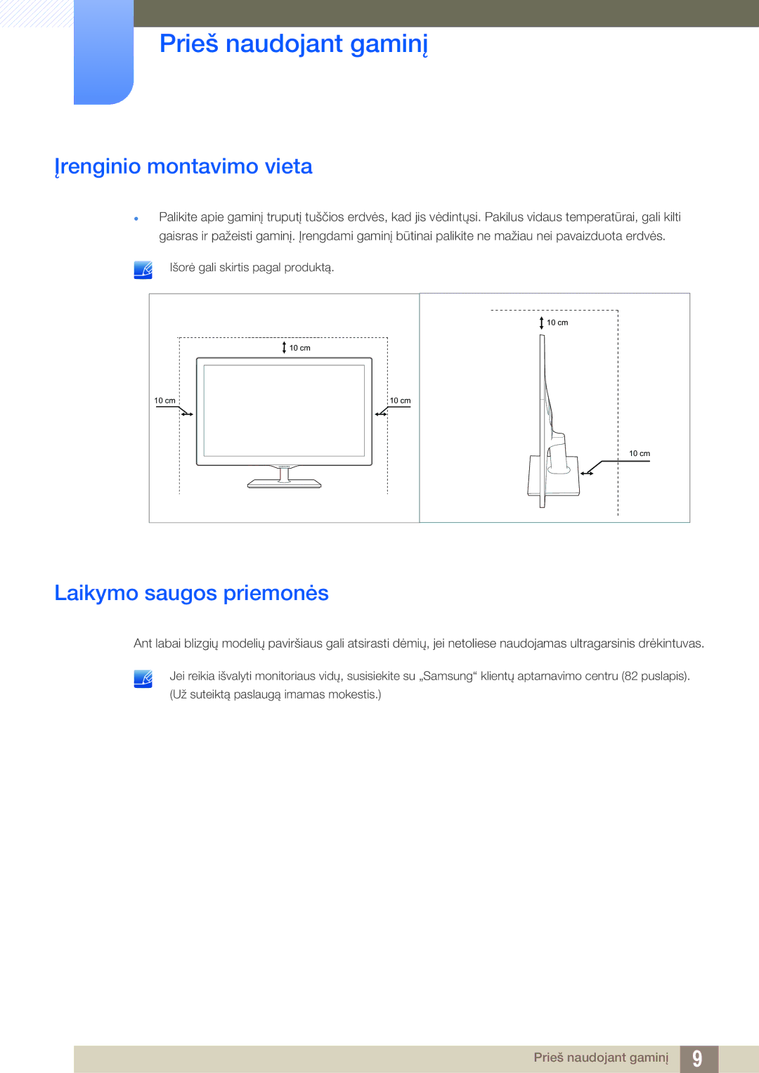 Samsung LS27D390HS/EN manual Įrenginio montavimo vieta, Laikymo saugos priemonės, Išorė gali skirtis pagal produktą 