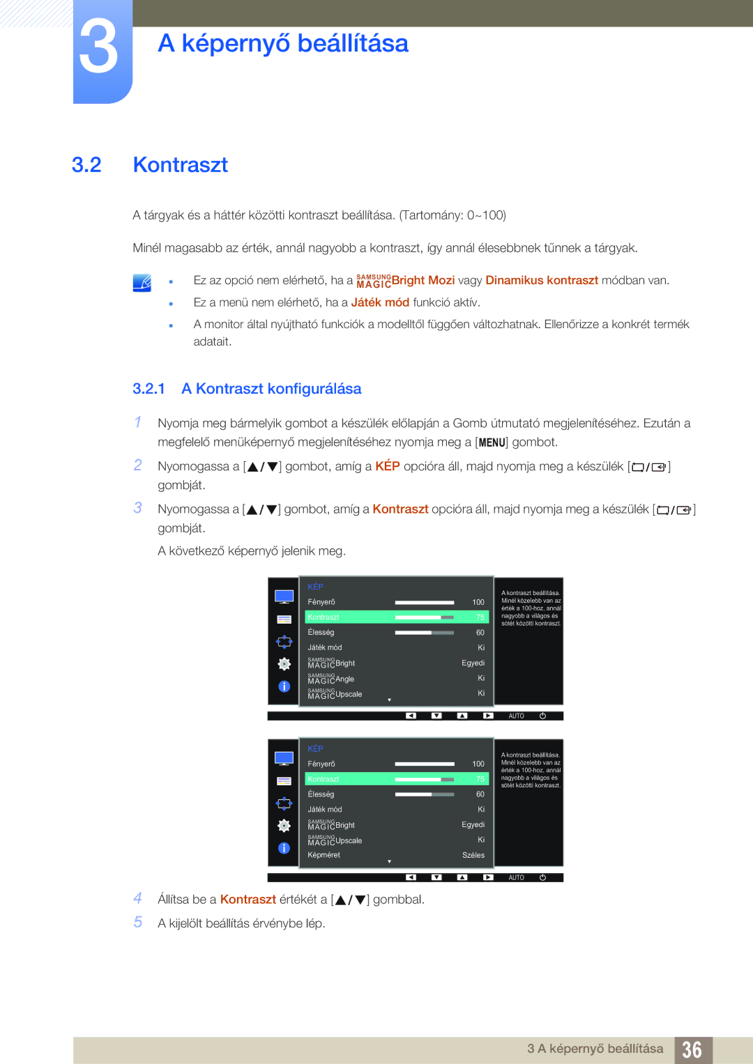 Samsung LS22D390QS/EN, LS27D390HS/EN, LS24D390HL/EN, LS22D390HS/EN manual Kontraszt konfigurálása 