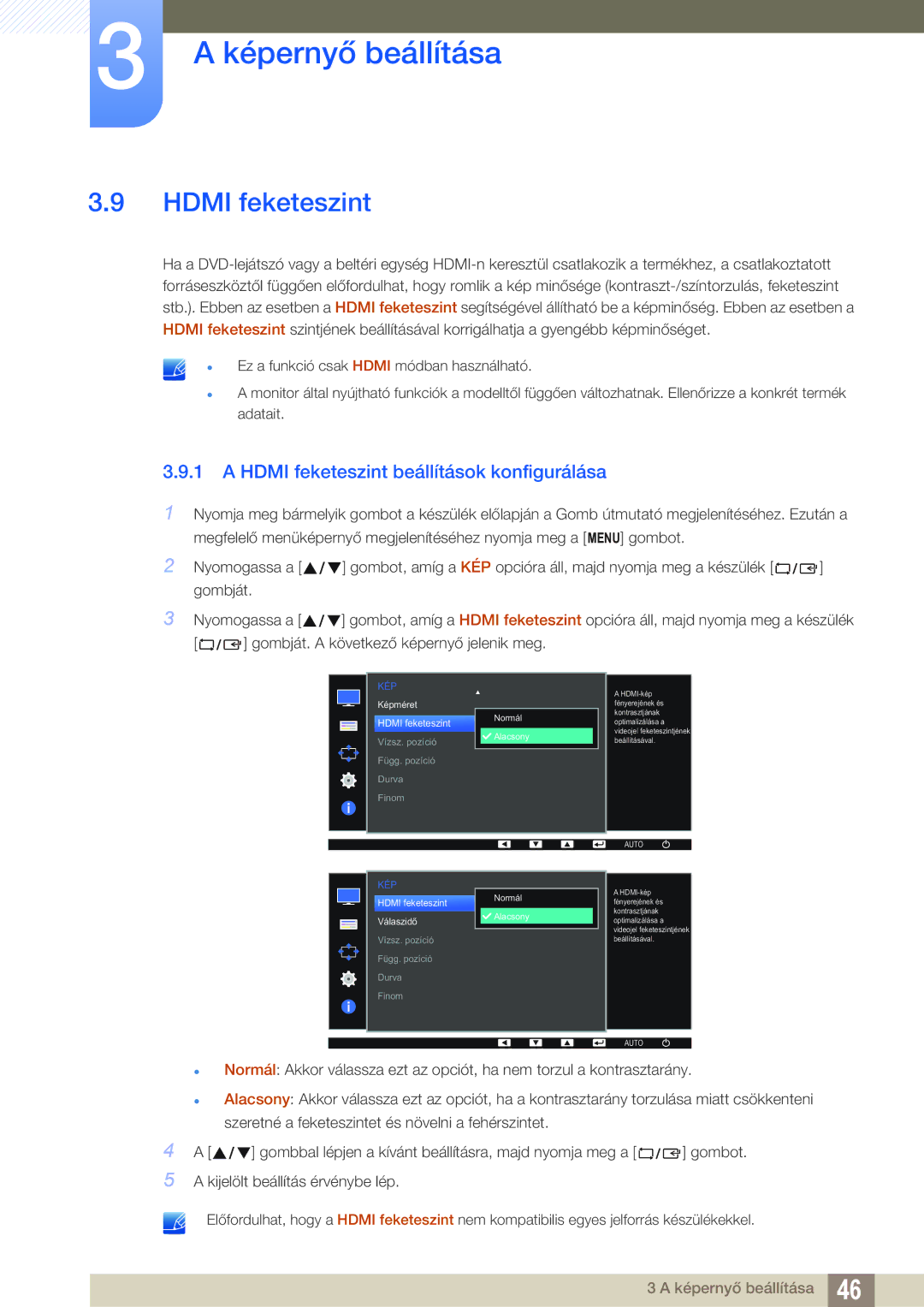 Samsung LS24D390HL/EN, LS22D390QS/EN, LS27D390HS/EN, LS22D390HS/EN manual Hdmi feketeszint beállítások konfigurálása 