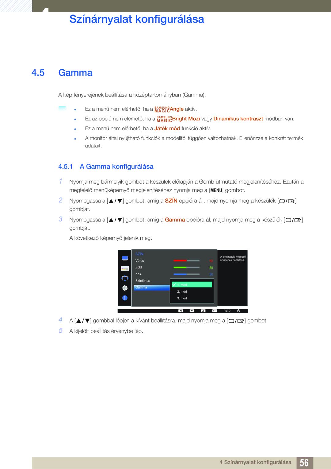 Samsung LS22D390QS/EN, LS27D390HS/EN, LS24D390HL/EN, LS22D390HS/EN manual Gamma konfigurálása 