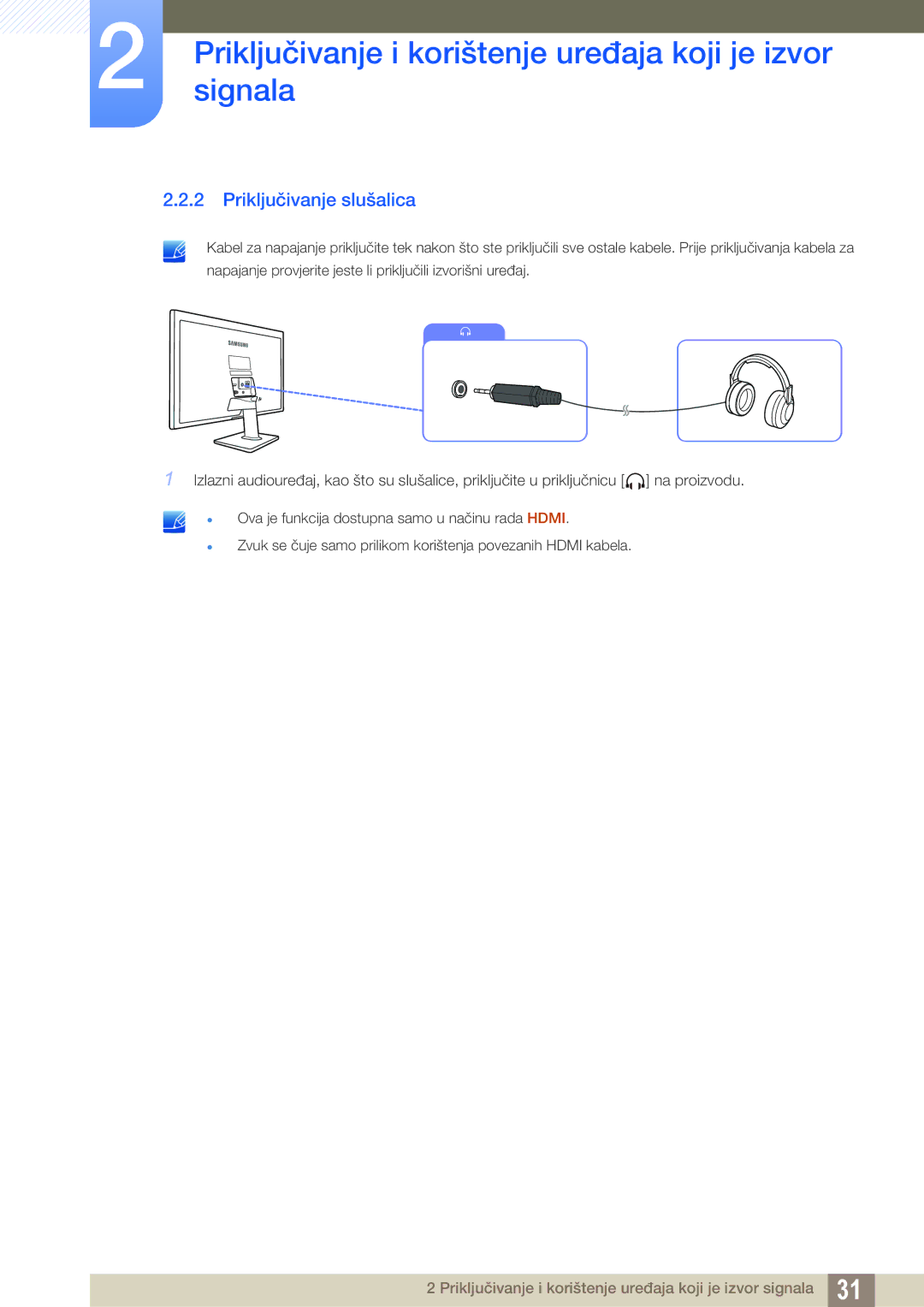 Samsung LS22D390HS/EN, LS22D390QS/EN, LS27D390HS/EN, LS24D390HL/EN manual Priključivanje slušalica 