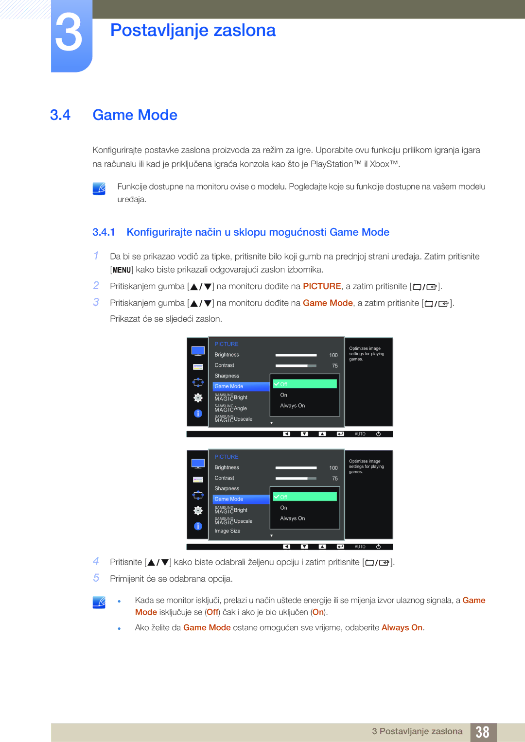 Samsung LS24D390HL/EN, LS22D390QS/EN, LS27D390HS/EN, LS22D390HS/EN Konfigurirajte način u sklopu mogućnosti Game Mode 