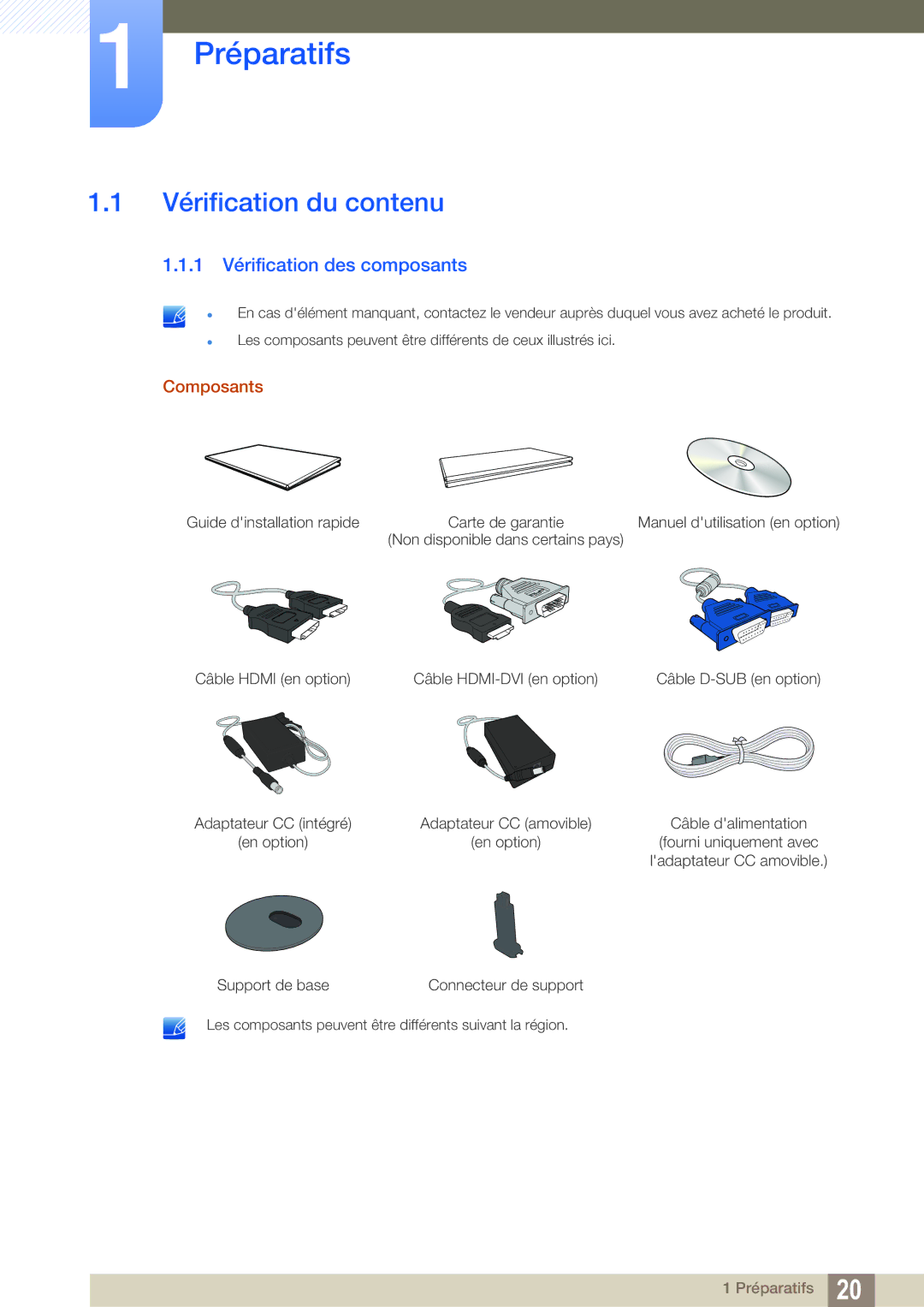 Samsung LS22D390QS/EN manual Préparatifs, Vérification du contenu, 1 Vérification des composants 