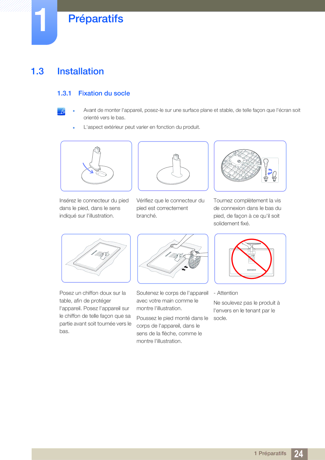 Samsung LS22D390QS/EN manual Installation, Fixation du socle 