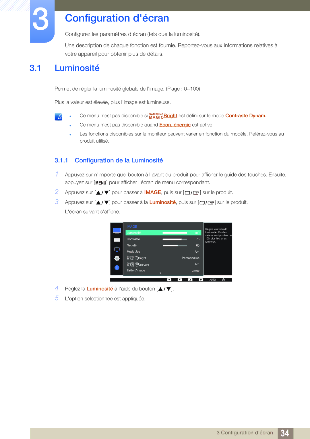 Samsung LS22D390QS/EN manual Configuration décran, Configuration de la Luminosité 