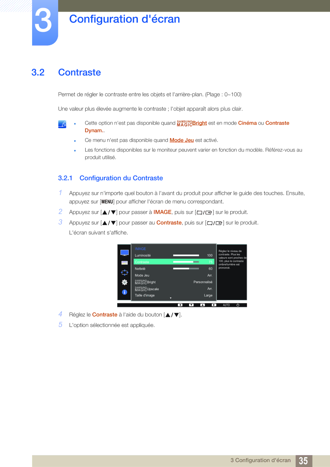 Samsung LS22D390QS/EN manual Configuration du Contraste 