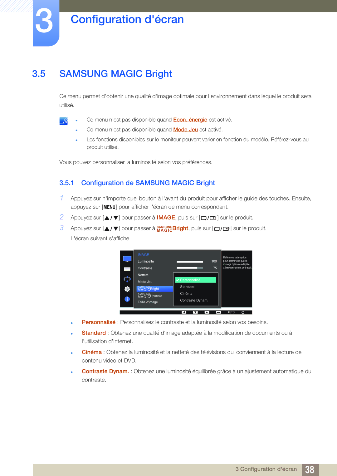 Samsung LS22D390QS/EN manual Configuration de Samsung Magic Bright 