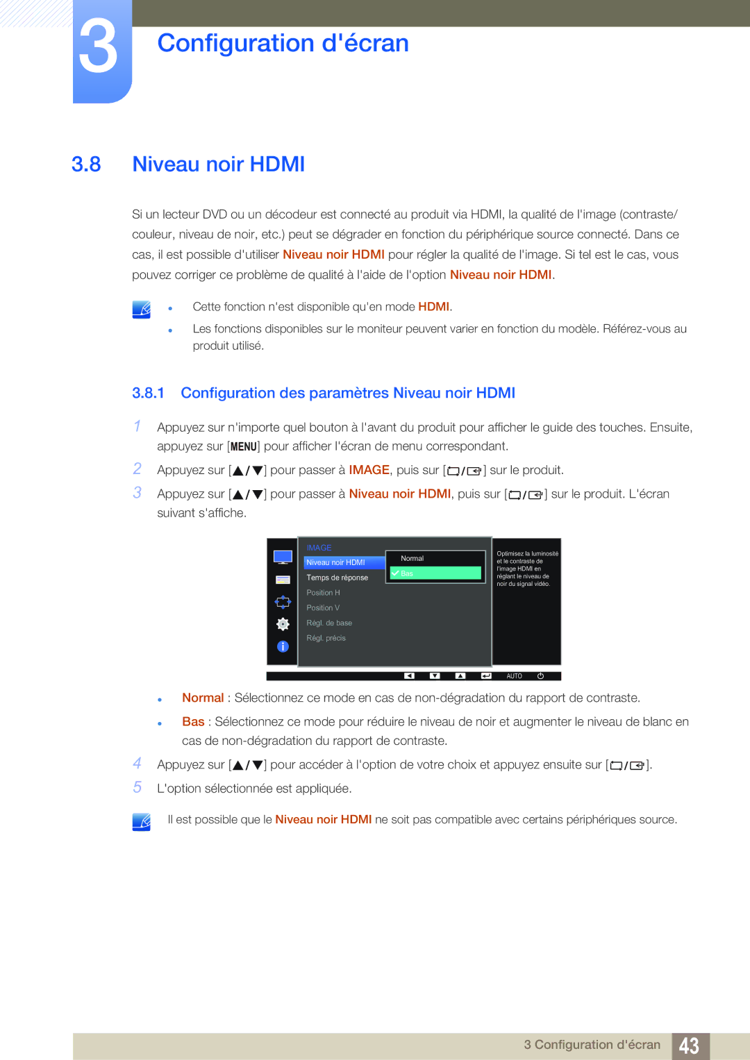 Samsung LS22D390QS/EN manual Configuration des paramètres Niveau noir Hdmi 