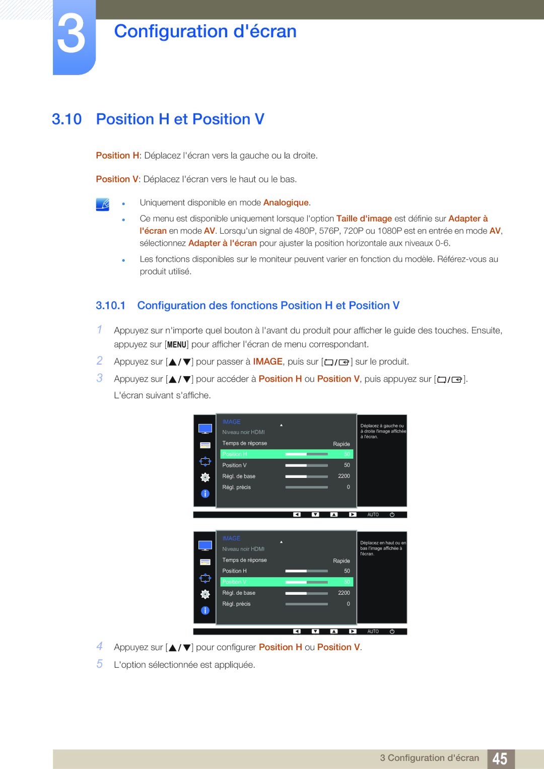 Samsung LS22D390QS/EN manual Configuration des fonctions Position H et Position 