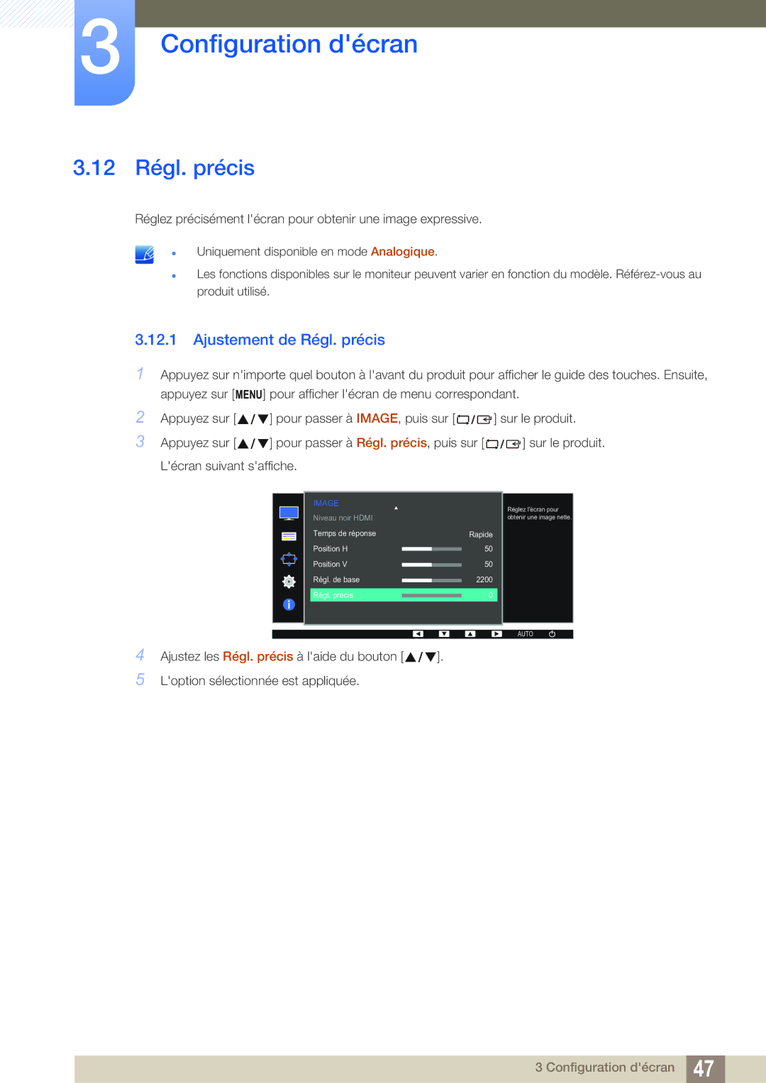 Samsung LS22D390QS/EN manual 12 Régl. précis, Ajustement de Régl. précis 